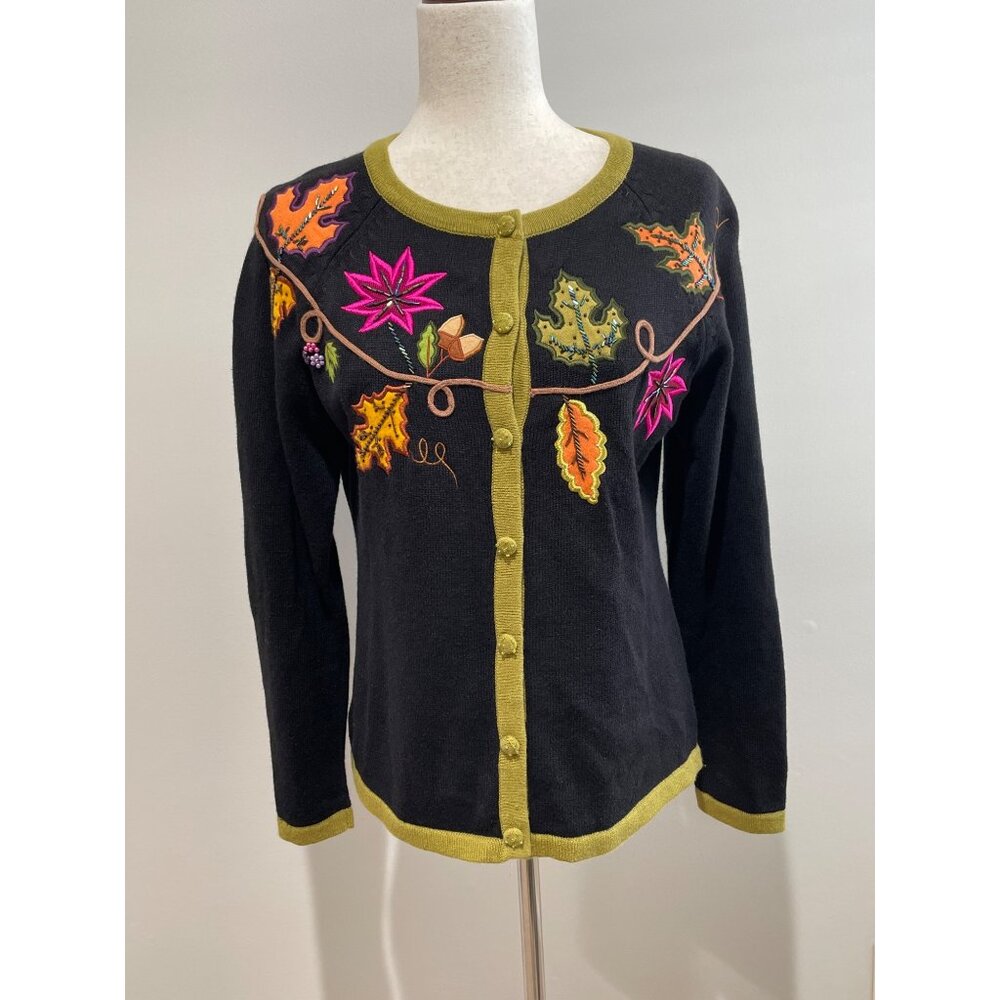 Bobbie Bell Embellished Cardigan Sweater Womens S Black Autumn Leaves